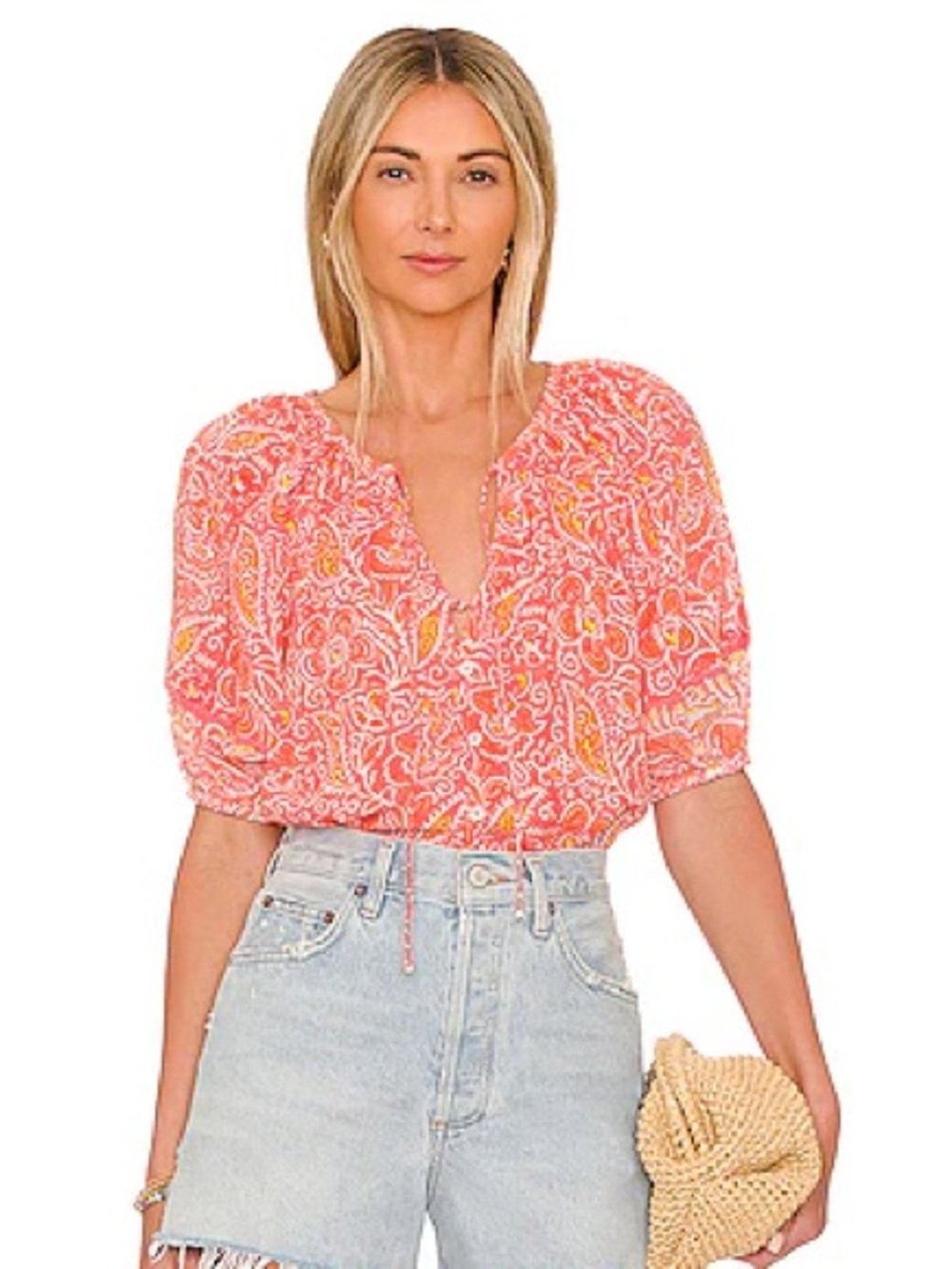 Cleobella Layla Blouse in Blossom Block Print M Medium Orange Coral Pink Organic